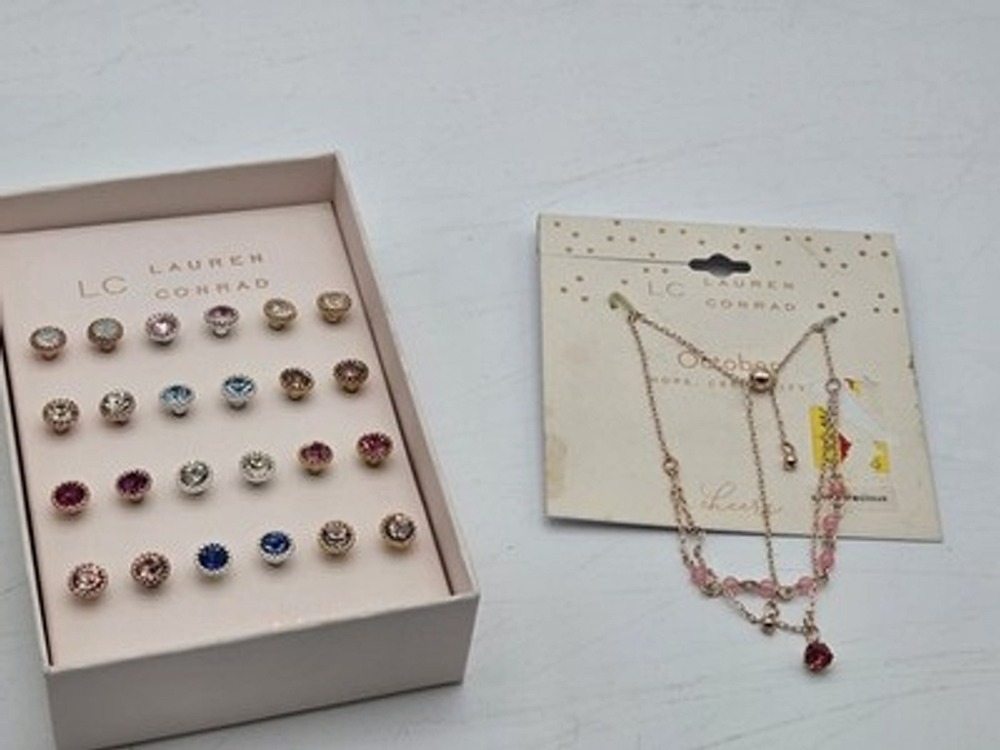 LC Lauren Conrad Stud Earings Set 12 Pairs Plus Pink Necklace Gold Tone Kohls... - Picture 3 of 4